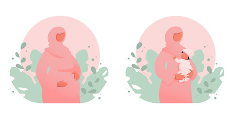 Muslim mother wearing hijab pregnant and holding baby in her arms on floral background. Motherhood concept flat vector illustration. 