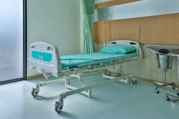 Empty bed in the modern hospital room. deluxe private ward. equipped hospital room. Medical Benefits. Reimbursement and Medical expenses.