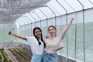 Smiling students Different ethnicities in farm vegetable