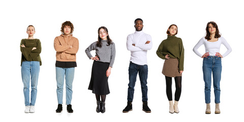 Collage with different, multi ethnic people, men and women standing isolated over white background. Flyer, banner. 6 models in casual style clothes
