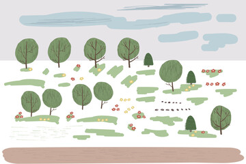 Nature elements: trees, clouds, flowers, herb simple illustrations set