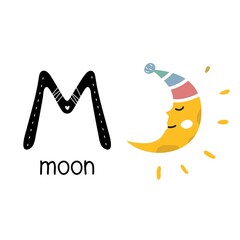 Children's font. Letter M. Cute cartoon moon. Vector illustration.