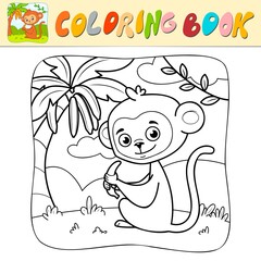 Obraz na płótnie Canvas Coloring book or Coloring page for kids. Monkey black and white vector. Nature background