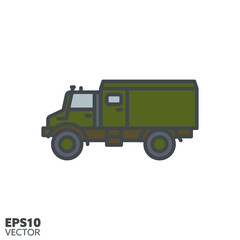 Four-wheel drive military truck vector filled line icon