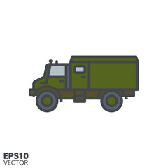 Obraz premium Four-wheel drive military truck vector filled line icon
