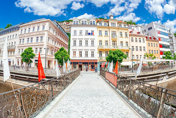 View of colorful houses in Karlovy Vary, a spa town in Czech Republic