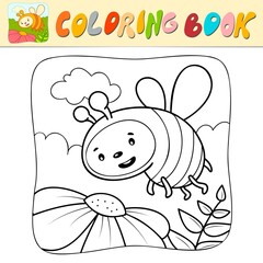 Coloring book or Coloring page for kids. Bee black and white vector. Nature background
