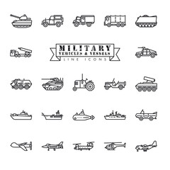 Military vehicles, vessels and aircrafts vector line icon set