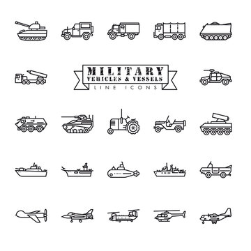 Military vehicles, vessels and aircrafts vector line icon set