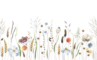 Floral horizontal seamless border with delicate blue flowers, abstract plants and grasses. Watercolor print illustration isolated on white background for nature cover, wallpapers or floral pattern.