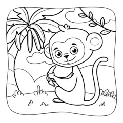 Monkey black and white. Coloring book or Coloring page for kids. Nature background