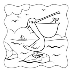 Pelican black and white. Coloring book or Coloring page for kids. Nature background