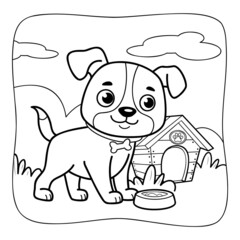 Dog black and white. Coloring book or Coloring page for kids. Nature background