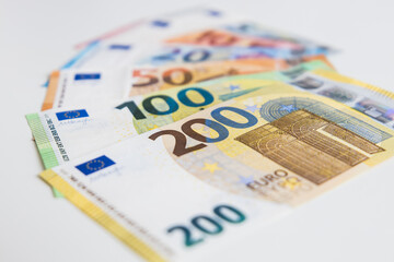 A set of several different Euro banknotes from 5 to 200 Euro