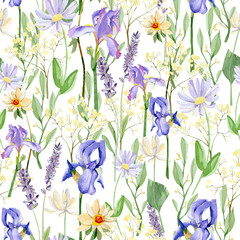 Meadow field seamleass pattern with watercolor floral delicate green leaves and branches, iris, white wildflowers. Botanical print for textile fabric, digital paper, wraping paper, invitation design