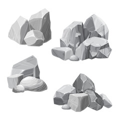 pile of rubble. Rocks and debris of the mountain. heap of stones isolated on white background. gray boulders of various shapes. cartoon style illustration. for games ui or graphic design.