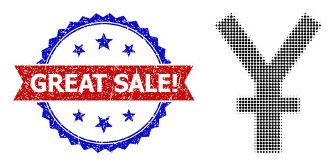 Halftone yen icon, and bicolor scratched Great Sale! seal. Halftone yen icon is made with small circle dots. Vector seal with distress bicolored style,