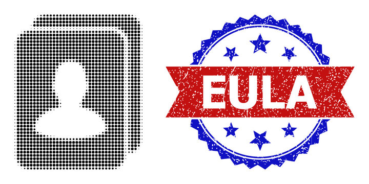 Halftone photo cards icon, and bicolor unclean Eula seal stamp. Halftone photo cards icon is constructed with small spheric elements. Vector seal with grunge bicolored style,