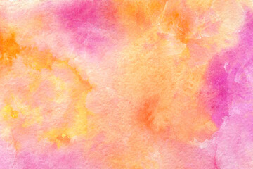 Bright colorful watercolor texture. Abstract hand-drawn background in pink and yellow colors.