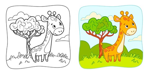 Coloring book or Coloring page for kids. Giraffe vector clipart. Nature background.