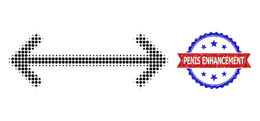 Halftone stretch arrows icon, and bicolor scratched Penis Enhancement seal. Halftone stretch arrows icon is designed with small circle items. Vector seal with unclean bicolored style,