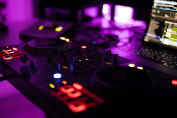 Obraz na płótnie Canvas Dj Deejay Club Venue Studio Dj Equipment Dj Console Music Sound Lights Led
