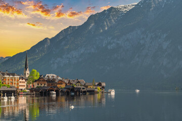 Hallstatt Austria, Nature sunrise landscape of Hallstatt village with lake and mountain