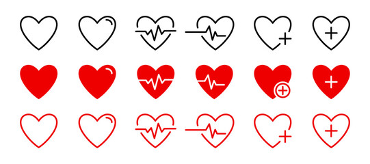 Hearbeat icon collection. heart beat pulse icon. Heart icon with plus. Cardiogram heart icon set