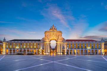 Lisbon Portugal night city skyline at Arco da Rua Augusta and Commerce Square