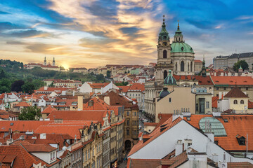 Fototapeta na wymiar Prague Czech Republic, high angle view sunset city skyline at Prague old town and St. Nicholas Church, Czechia