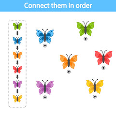 Educational game for preschool children. Connect with a line according to the color pattern. Butterflies. The development of logic and attention. Vector illustration. Sheet for printing