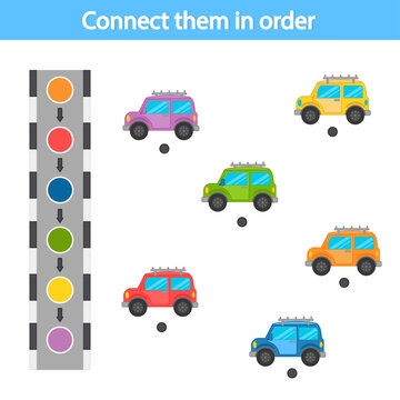 Educational game for preschool children. Connect with a line according to the color pattern. The car. The development of logic and attention. Vector illustration. Sheet for printing