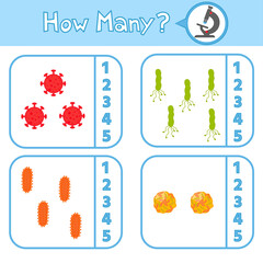 Educational game for preschool children. Learning to count up to 5. Viruses and microbes. The development of logic and attention. Vector illustration. Sheet for printing