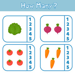 Educational game for preschool children. Learning to count up to 5. Vegetables. The development of logic and attention. Vector illustration. Sheet for printing