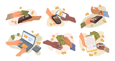 Buying goods and paying with wireless means of payment, transaction and banking. Smartphone and cash, dollar banknotes and coins, investment and business. Vector in flat style illustration