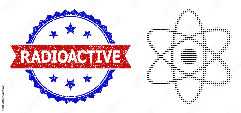 Poster halftone atom icon, and bicolor dirty radioactive seal. halftone atom icon is made with small spheri
