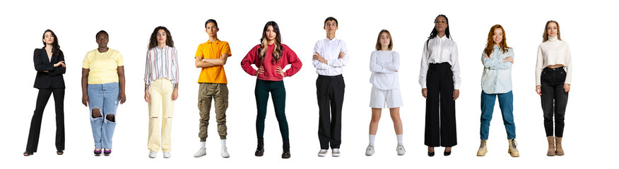 Set of young happy, multi ethnic people, men and women standing isolated over white background, Horizontal flyer, banner. Models in casual clothes