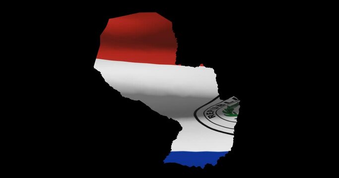 Paraguay national flag on map outline, waving animation. 4K alpha channel graphic footage of country shape