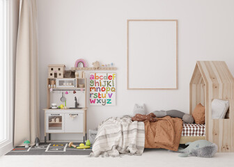 Empty vertical picture frame on white wall in modern child room. Mock up interior in scandinavian style. Free, copy space for your picture. Bed, toys. Cozy room for kids. 3D rendering.