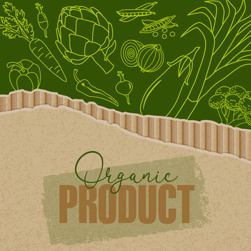 Carte ou flyer pour un commerce ou un producteur d&rsquo;aliments biologiques, compos&eacute; de divers l&eacute;gumes aux contours verts acide sur un fond vert fonc&eacute;, sortant d&rsquo;un emballage en carton d&eacute;chir&eacute;.