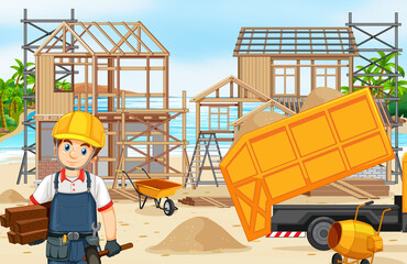 Obraz na płótnie Canvas Building construction site and workers