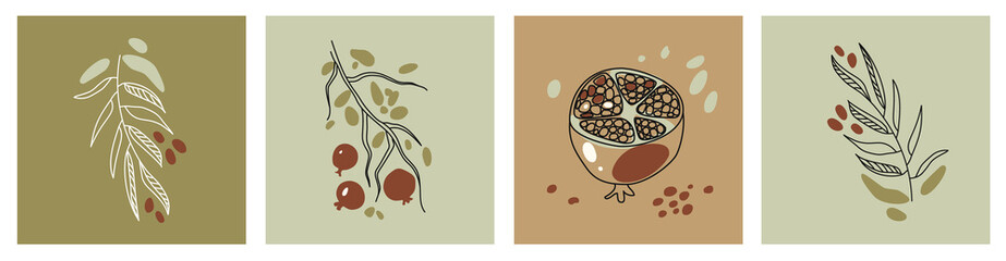Set of square posters of modern art in earthy, pastel colors. Leaves, twigs, cut pomegranate fruit and a branch of olives. Linear art and spots. Vector backgrounds for print, cover and wall art.