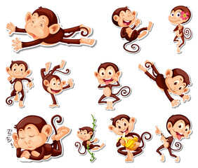 Sticker set of funny monkey cartoon characters