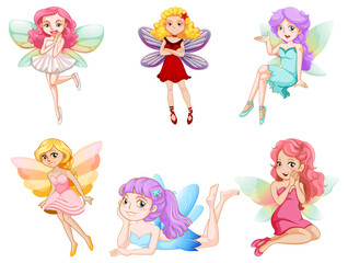 Set of different beautiful fairy girl cartoon character