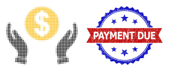 Halftone money care hands icon, and bicolor scratched Payment Due seal. Halftone money care hands icon is generated with small spheric elements. Vector seal with scratched bicolored style,