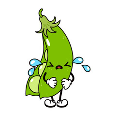 Cute funny crying sad peas character. Vector hand drawn traditional cartoon vintage, retro, kawaii character illustration icon. Isolated on white background. Cry peas pod character concept
