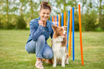 Chocolate White Border Collie with woman owner