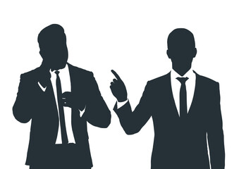 Gray silhouettes portrait of two businessmen posing on white background, flat line vector and illustration.