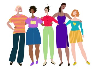 Women with different skin color, clothing, hairdo, build and height. The girls hug. Friendship, support. Movement for the empowerment of women. - 506397460