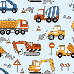 Hand drawn construction trucks and bulldozers seamless vector pattern. Perfect for textile, wallpaper or print design.  © MirabellePrint